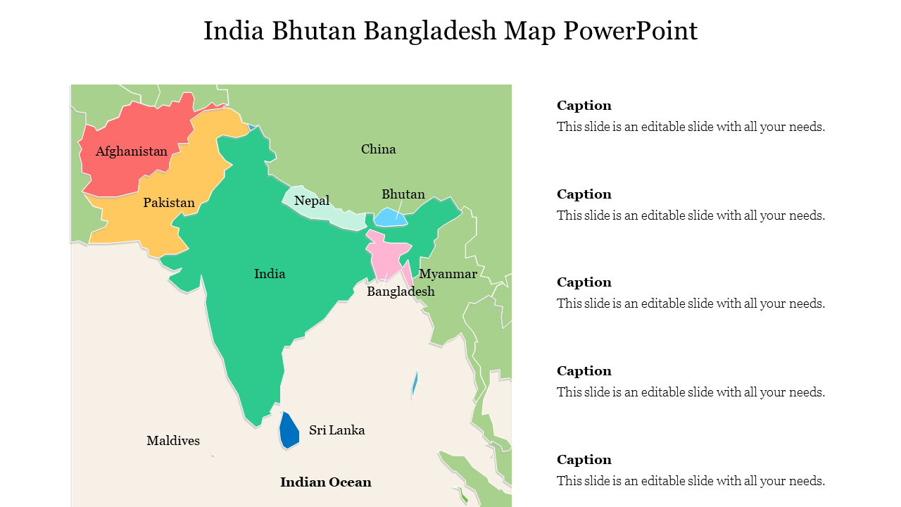 Effective India Bhutan Bangladesh Map PowerPoint Template
